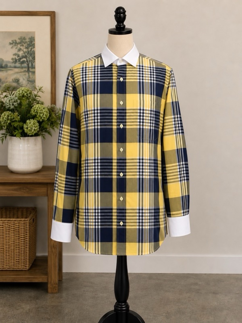 Men's Yellow & Navy Plaid Dress Shirt with White Contrast Collar